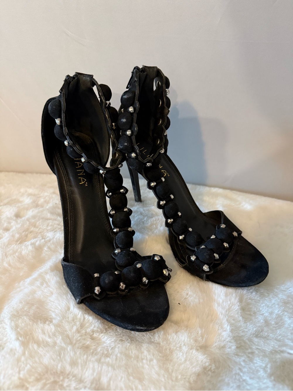 Liliana Black Beaded T-Strap Stiletto Heels